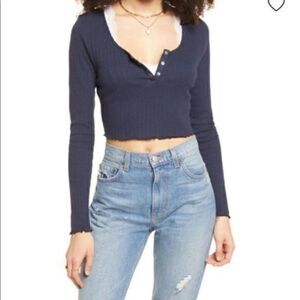 Bp Nordstrom Crop Cropped Henley Top Textured Rib Knit Navy Blue Large NWT
